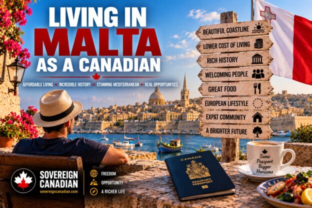 Living in Malta as a Canadian with Valletta harbour, traditional Maltese boats, Malta flag and Canadian passport