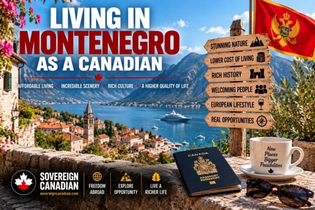 Living in Montenegro as a Canadian with the Bay of Kotor, Adriatic mountains, Montenegro flag and Canadian passport