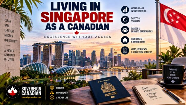 Living in Singapore as a Canadian with Marina Bay skyline, Singapore flag and Canadian passport