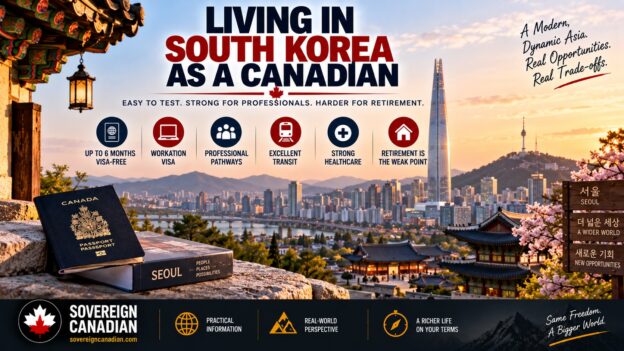 Living in South Korea as a Canadian with Seoul skyline, traditional Korean architecture and a Canadian passport