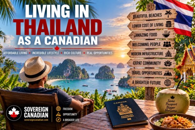 Living in Thailand as a Canadian with tropical islands, Thai temple, Thailand flag and Canadian passport
