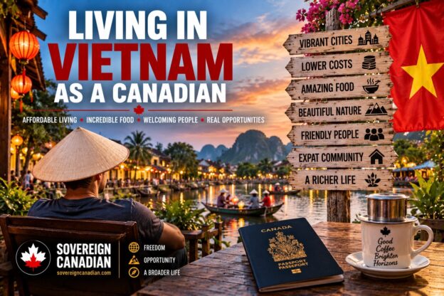 Living in Vietnam as a Canadian with a lantern-lit Vietnamese riverside, Vietnam flag and Canadian passport