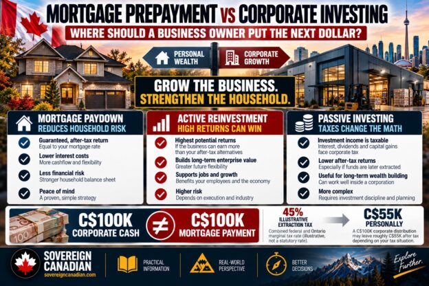 Mortgage prepayment versus corporate investing in Canada comparing household debt reduction, business reinvestment, passive investing and corporate taxes.