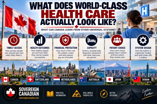World-class health care comparison showing Canada, Switzerland, the Netherlands, Australia, Japan and Taiwan across access, outcomes and system design