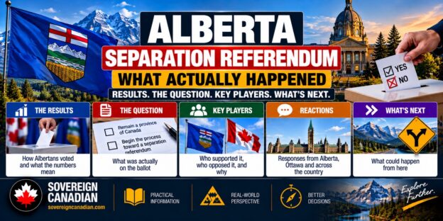 Alberta separation referendum featuring the Alberta flag, provincial legislature, referendum ballot, voting results and questions about Alberta’s future within Canada.