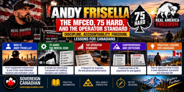 Andy Frisella caricature with 75 Hard spade and Real America Freedom bison logos, illustrating discipline, entrepreneurship, the Operator Standard and lessons for Canadians.