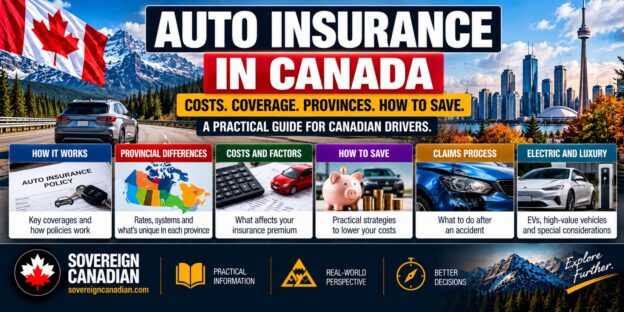 Auto insurance in Canada guide featuring Canadian vehicles, provincial insurance differences, coverage options, premium costs, savings strategies, accident claims and electric vehicles.