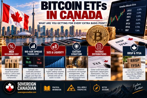 Bitcoin ETFs in Canada comparing MERs, bid-ask spreads, liquidity, custody, taxable distributions and registered accounts