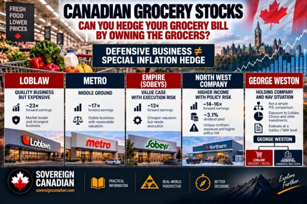 Canadian grocery stocks comparing Loblaw, Metro, Empire, North West Company and George Weston, including Northern stores and Weston's Loblaw and Choice Properties holdings