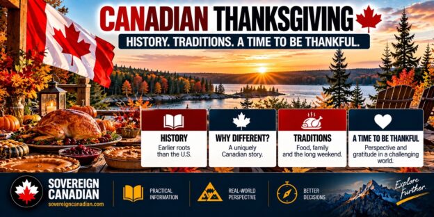 Canadian Thanksgiving celebration featuring autumn colours, a traditional turkey dinner, Canadian flag and lakeside sunset, highlighting Thanksgiving history and traditions.
