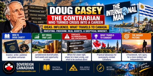 Doug Casey caricature with International Man logo, Uruguay flag, gold investments and Canadian sovereignty themes.