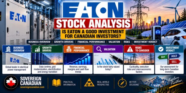 Eaton stock analysis for Canadian investors featuring electrical power management equipment, data centres, grid modernization, financial performance, valuation, investment risks and long-term growth opportunities.