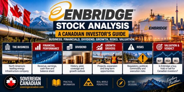 Enbridge stock analysis for Canadian investors featuring oil and gas pipelines, energy infrastructure, dividend income, financial performance, growth opportunities, risks and valuation.