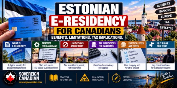 Estonian e-Residency for Canadians featuring Estonia’s digital identity card, Tallinn skyline, business registration, tax implications, residency limitations and application requirements.