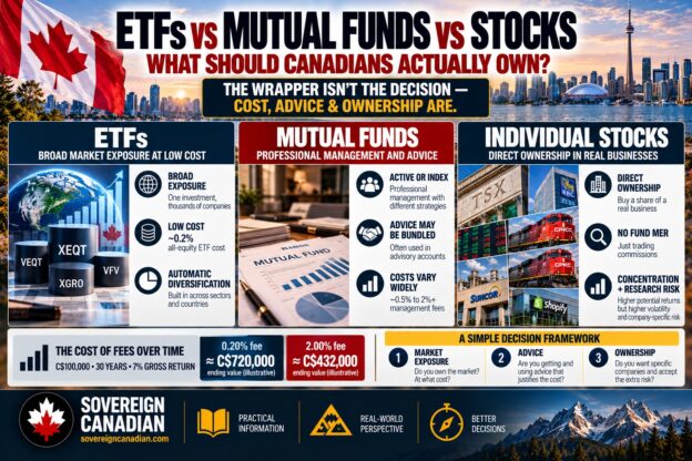 ETFs versus mutual funds versus individual stocks in Canada comparing costs, diversification, advice and direct ownership