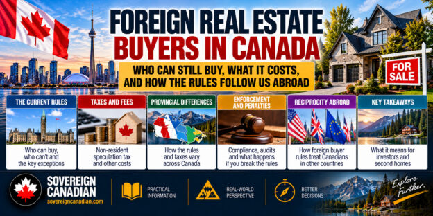 Foreign real estate buyers in Canada guide featuring Canadian homes, foreign buyer restrictions, non-resident property taxes, provincial differences and international real estate ownership rules.