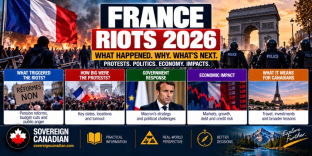 France riots 2026 infographic featuring the French flag, protesters, riot police, Arc de Triomphe, government response, economic impacts and implications for Canadians.