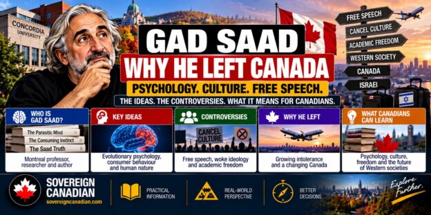 Illustrated caricature of Gad Saad with Canadian flag, Concordia University, books, free speech symbols and an airplane, representing his criticism of Canadian academic culture and reasons for leaving Canada.