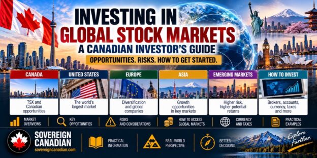 Investing in global stock markets from Canada, featuring international markets in North America, Europe, Asia and emerging economies, with a Canadian flag and world map.