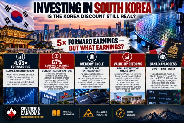 Investing in South Korea for Canadian investors showing Korea's low forward P/E, Samsung and SK hynix concentration, memory cycle and ETF options