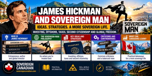 Illustrated caricature of James Hickman, also known as Simon Black, alongside Sovereign Man imagery, passports, international investing, second citizenship and Canadian financial sovereignty.