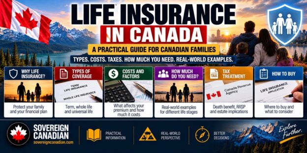 Life insurance in Canada guide featuring a Canadian family, term and permanent life insurance, coverage costs, financial protection, tax treatment and estate planning.