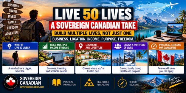 Live 50 Lives Sovereign Canadian illustration featuring travel, entrepreneurship, multiple income streams, international lifestyles, financial independence and personal freedom.