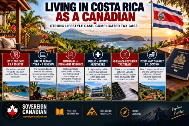 Living in Costa Rica as a Canadian with tropical coastline, Costa Rican flag and Canadian passport highlighting residency, healthcare and tax considerations