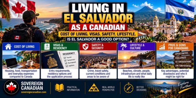 Living in El Salvador as a Canadian, featuring Salvadoran beaches, volcanoes, Canadian and El Salvador flags, cost of living, residency, safety and lifestyle.