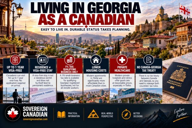 Living in Georgia as a Canadian with Tbilisi skyline, Georgian flag and Canadian passport highlighting visa-free stays, residence and taxes