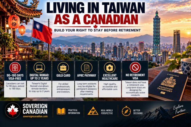 Living in Taiwan as a Canadian with Taipei skyline, Taiwan flag and Canadian passport highlighting Gold Card and permanent residency pathways