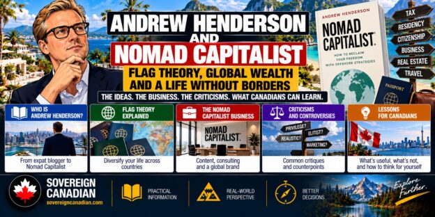 Illustrated caricature of Andrew Henderson alongside the Nomad Capitalist book, passports and international destinations, representing flag theory, second citizenship, global wealth and international diversification.