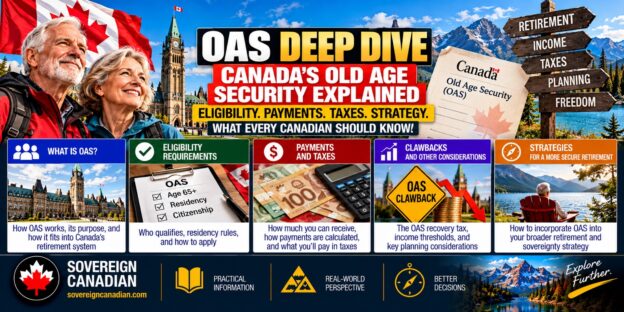 OAS Deep Dive Canada infographic featuring Canadian retirees, Parliament Hill, Old Age Security eligibility, payments, taxes, OAS clawback and retirement planning.