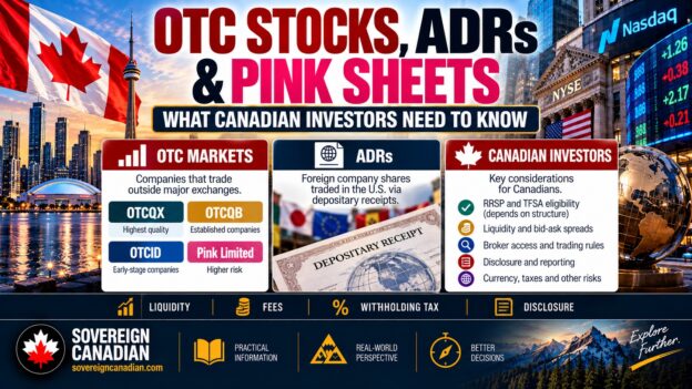 OTC stocks, ADRs and Pink Sheets guide for Canadian investors covering OTC market tiers, foreign depositary receipts, RRSP and TFSA eligibility, liquidity and trading risks.