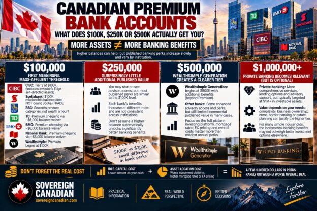 Canadian premium bank accounts comparing benefits at $100,000, $250,000, $500,000 and $1 million in assets