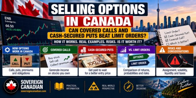 Selling options in Canada, comparing covered calls, cash-secured puts and limit orders, with Enbridge stock, option premiums, assignment risks and Canadian tax considerations.