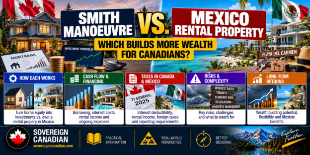 Smith Manoeuvre versus Playa del Carmen rental property comparison showing Canadian home equity investing, Mexican real estate, financing, taxes, risks and long-term returns.