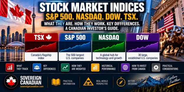 Stock market indices comparison for Canadian investors featuring the S&P 500, Nasdaq, Dow Jones and S&P/TSX Composite, with Canadian and American financial markets.