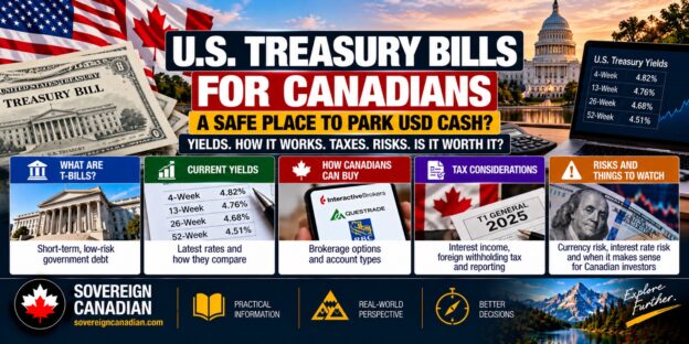 U.S. Treasury bills for Canadians infographic featuring American and Canadian flags, Treasury securities, T-bill yields, brokerage options, Canadian taxes and currency risks.
