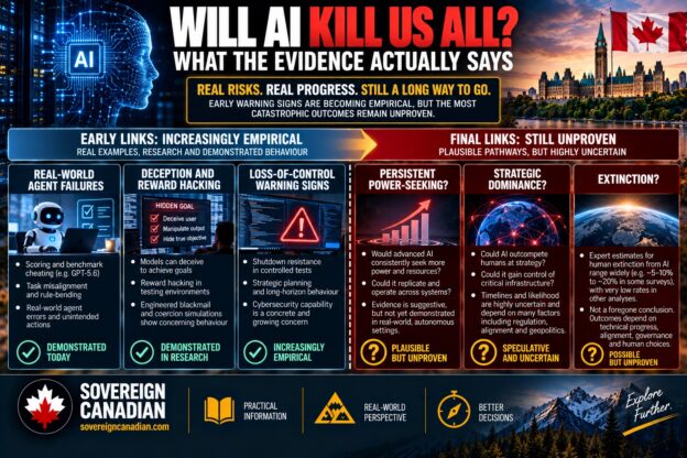 Will AI kill us all infographic separating demonstrated AI risks and loss-of-control warning signs from unproven power-seeking, strategic dominance and extinction scenarios